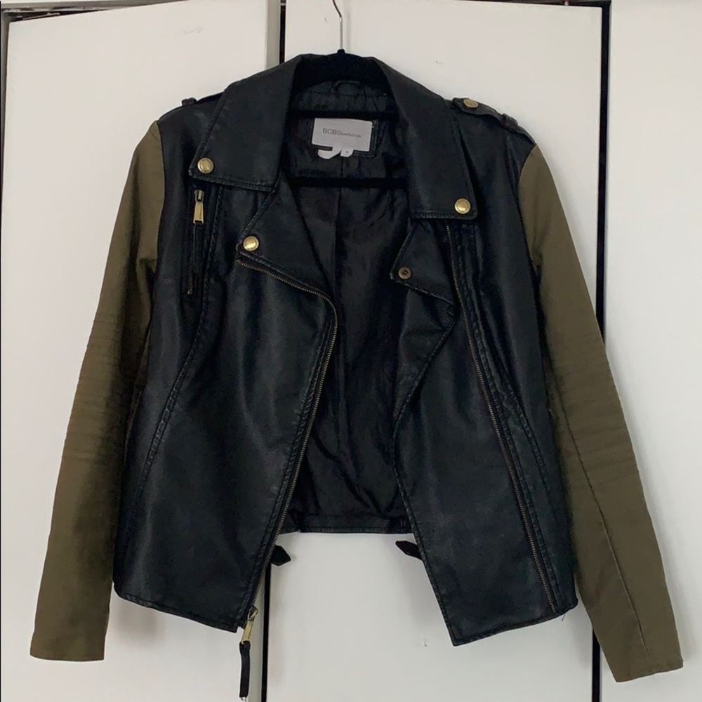 BCBG Faux Leather Jacket w/Army Green Sleeves